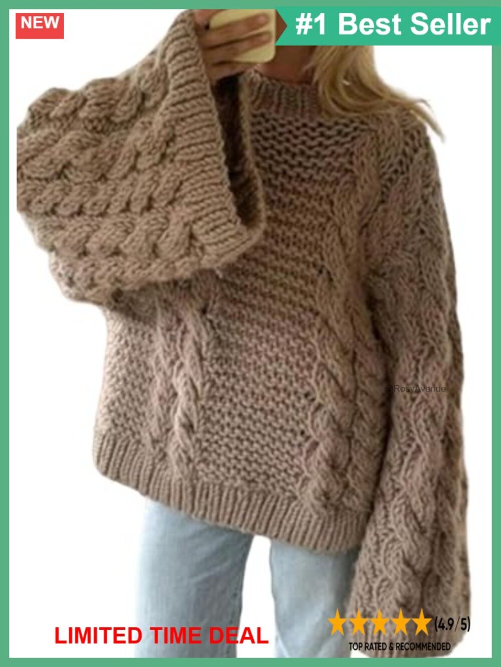 Oversized Cable Knit Sweater Long Sleeve Crewneck Chunky Pullover
